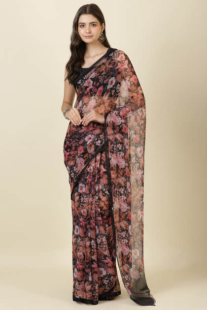 Black Floral Printed Chiffon Saree