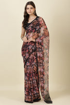 Black Floral Printed Chiffon Saree