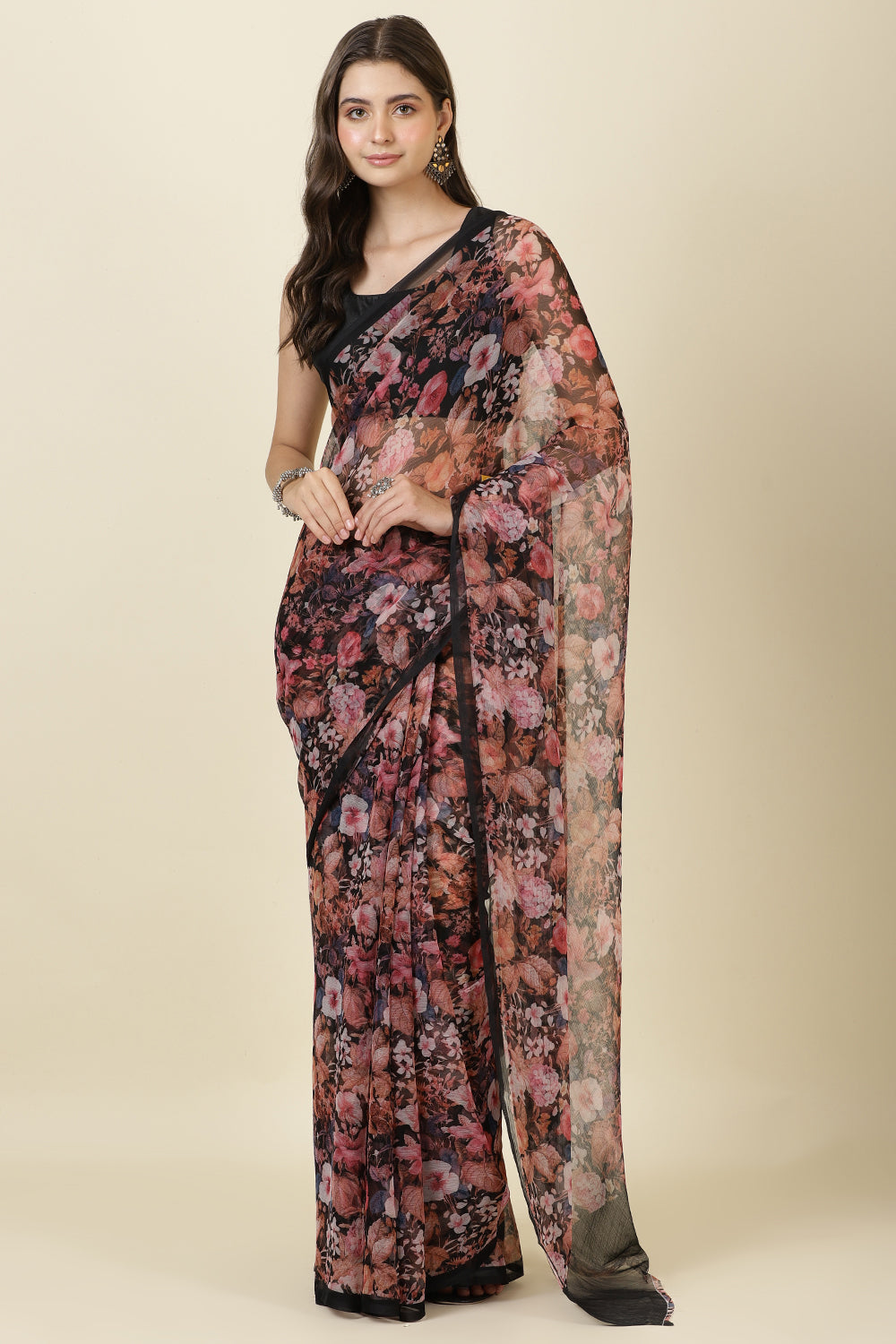 Black Floral Printed Chiffon Saree