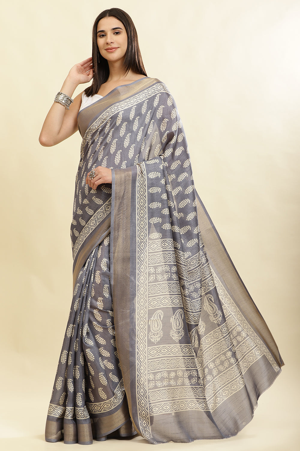 Grey Color Cotton Silk Boota Printed And Zari Woven Saree