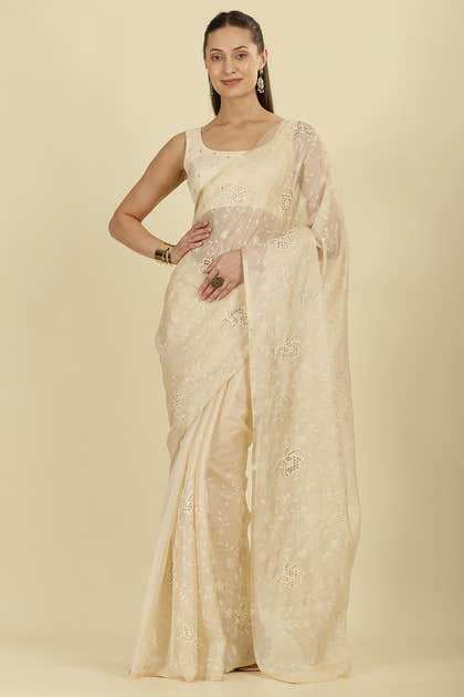 Cream Floral Resham Embroidered Cotton Saree