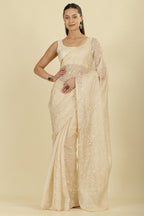 Cream Floral Resham Embroidered Cotton Saree