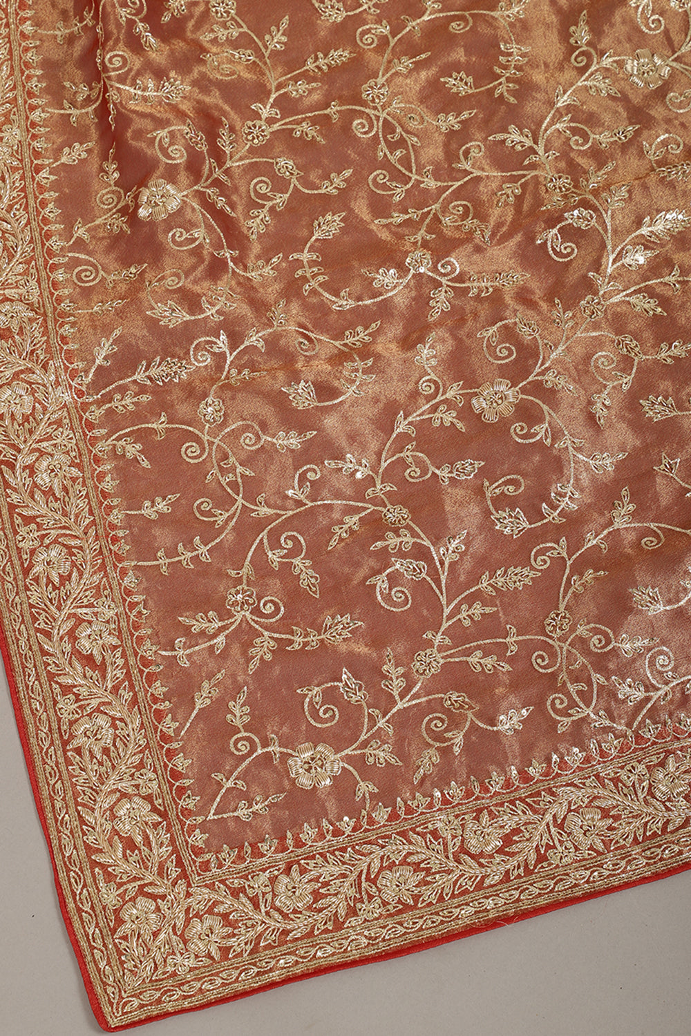 Copper Gold Pure Tissue Silk Saree with Aari & Zardozi Handwork