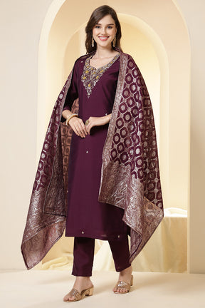 Wine Color Silk Neck Embroidered Suit Set