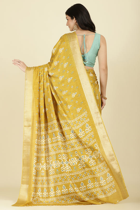 Mustard Cotton Silk Printed And Zari Woven Saree