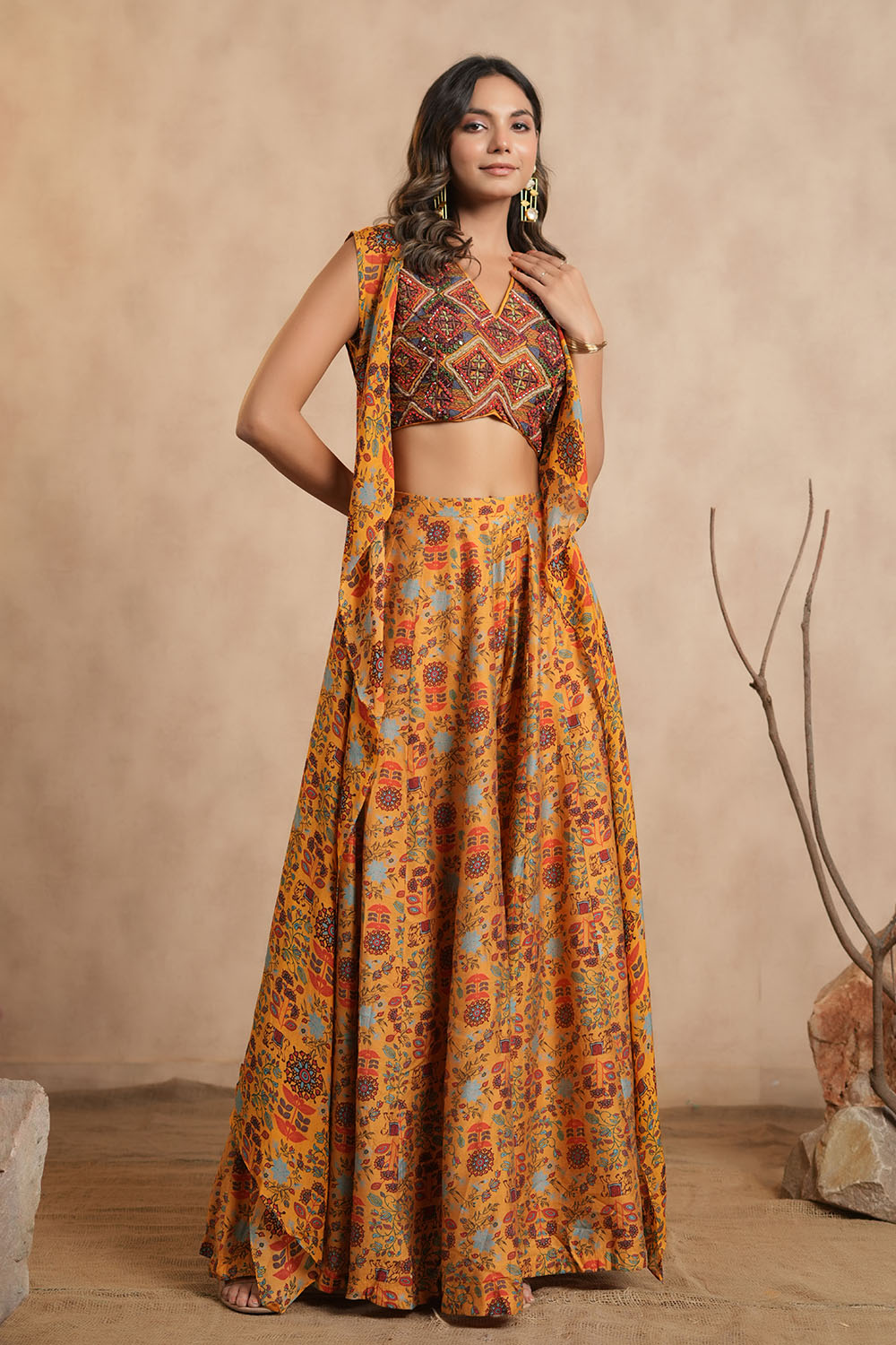 Mustard Green Colour Chinon Embroidered Crop-Top and Printed Palazzo Set With Shrugs