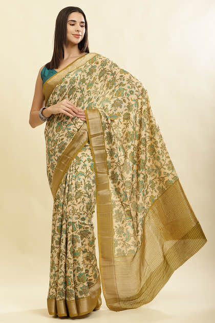 Beige & Olive Green Cotton Silk Floral Printed Saree