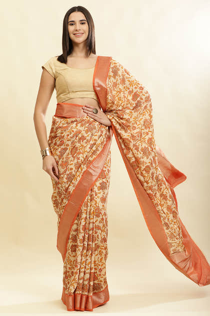 Beige & Orange Cotton Silk Floral Printed Saree