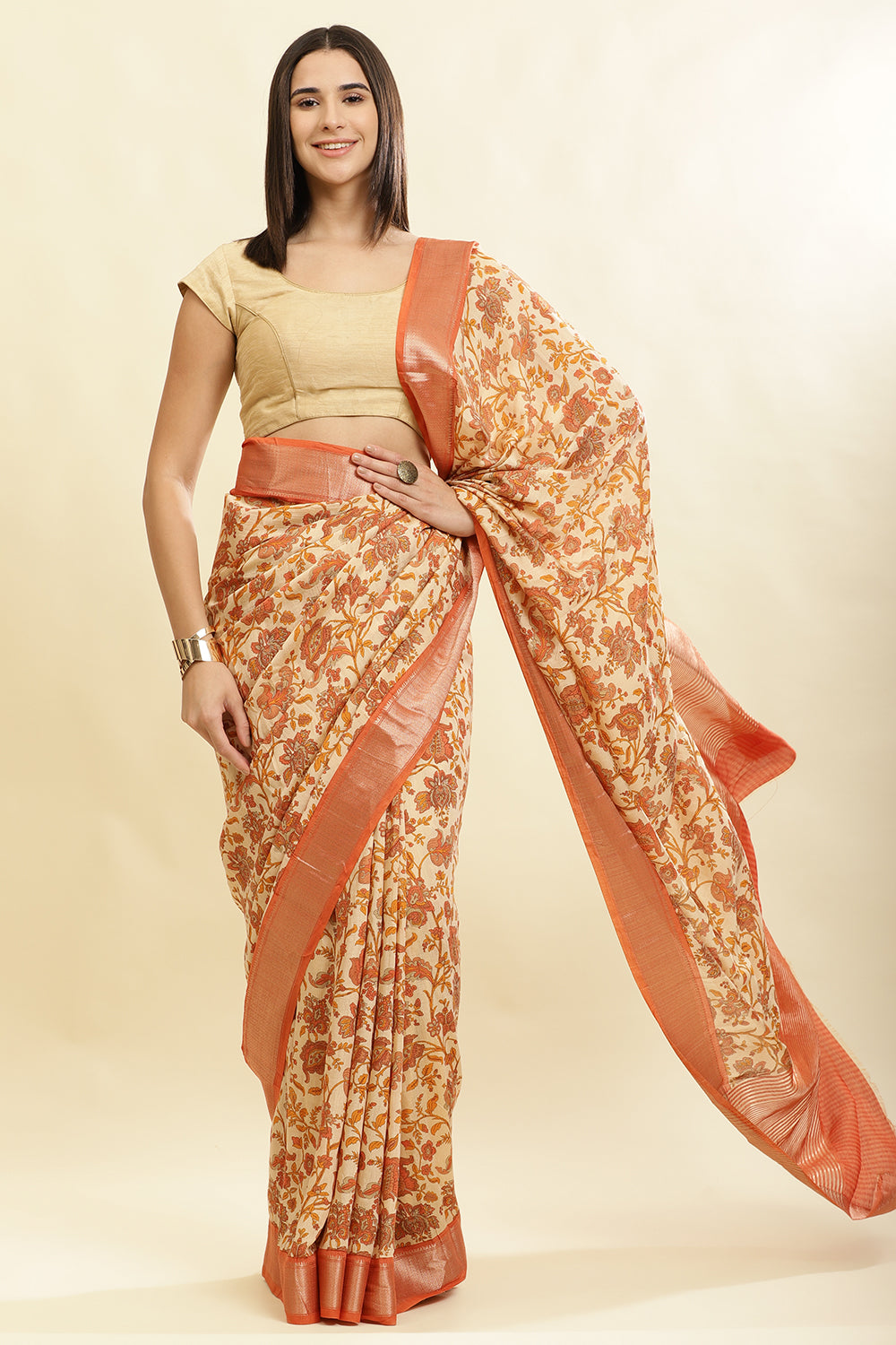 Beige & Orange Cotton Silk Floral Printed Saree
