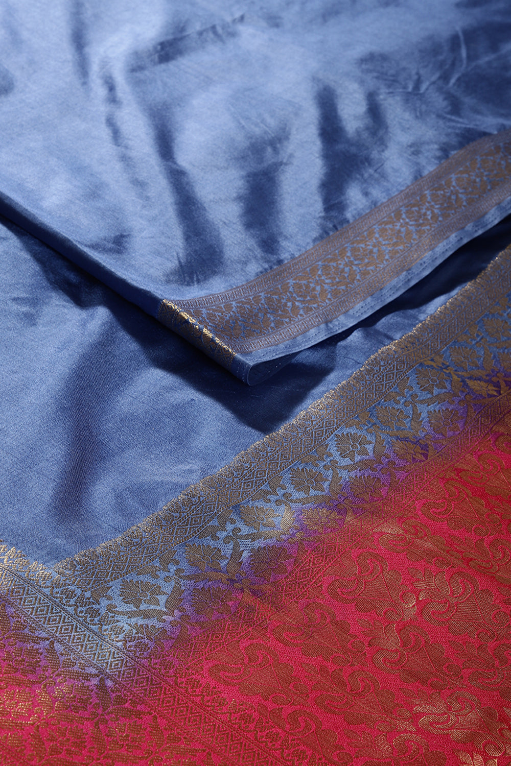 Dusky Blue & Red Ombré  Silk Zari Woven Saree