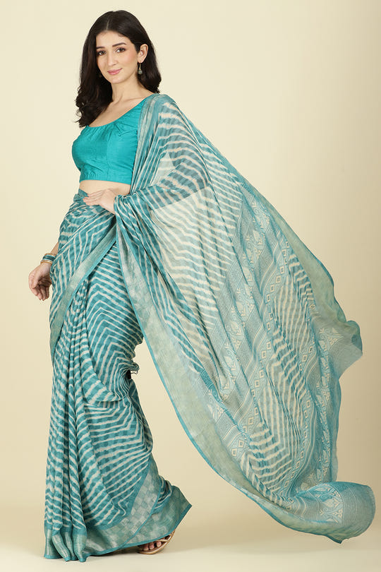 Firozi Color Chiffon Leheriya Printed Saree