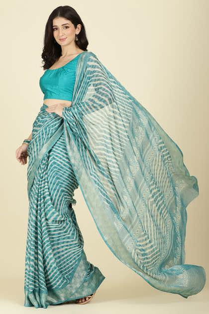 Firozi Color Chiffon Leheriya Printed Saree