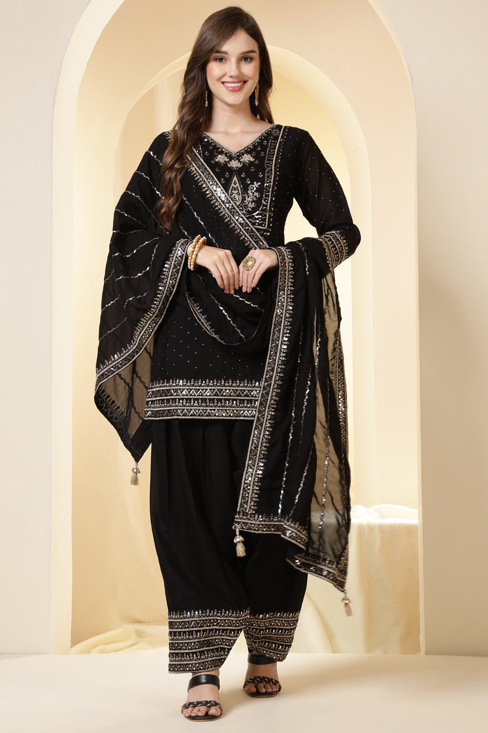 Black Zari Embroidered Silk Suit With Parsi Salwar