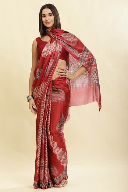 Maroon Crepe Printed Saree
