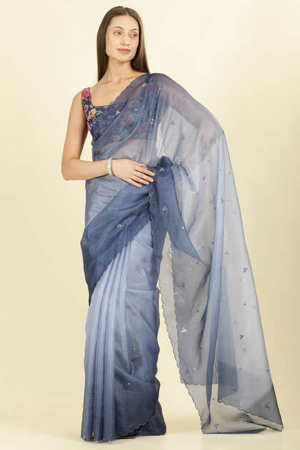 Ombre Navy Organza Saree With Mirror Work