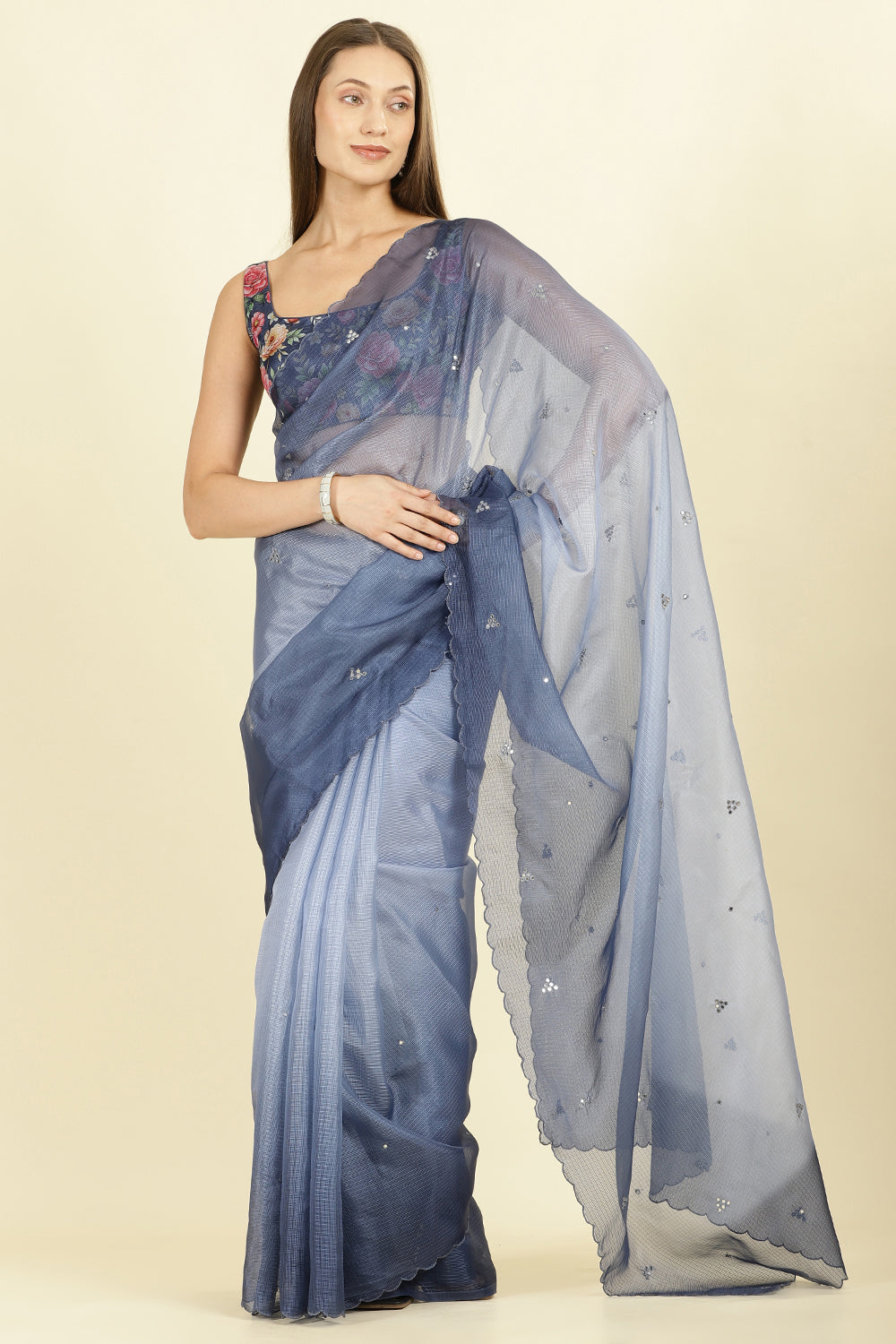 Ombre Navy Organza Saree With Mirror Work