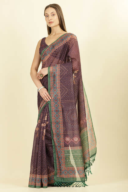 Dirty Purple Organza Cotton Bandhani Block Printed Saree
