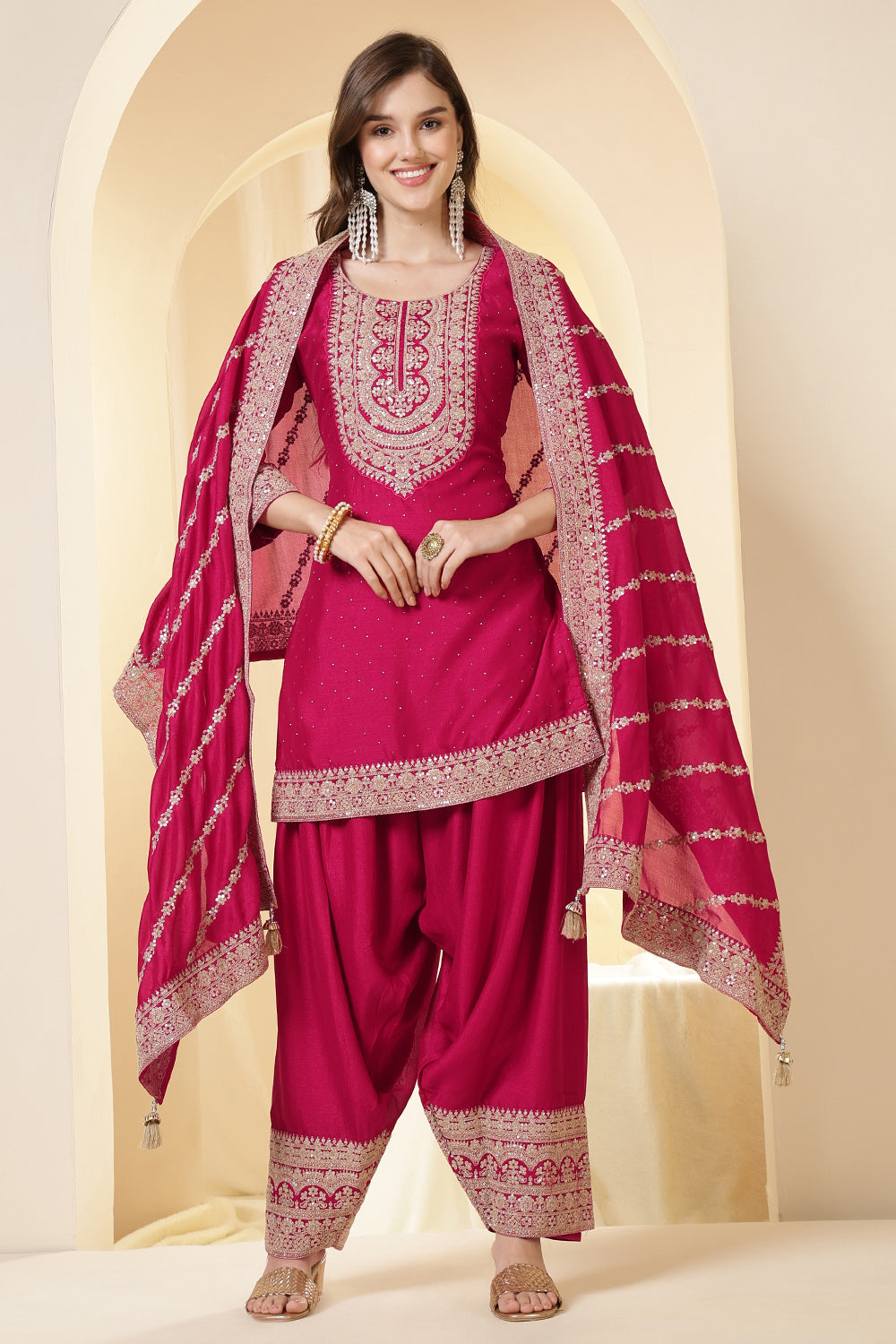 Rani Zari Embroidered Silk Suit With Parsi Salwar