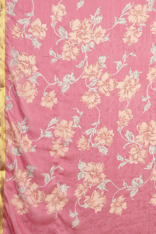 Taffy Pink Chiffon Floral Zari Border & Floral Printed Saree
