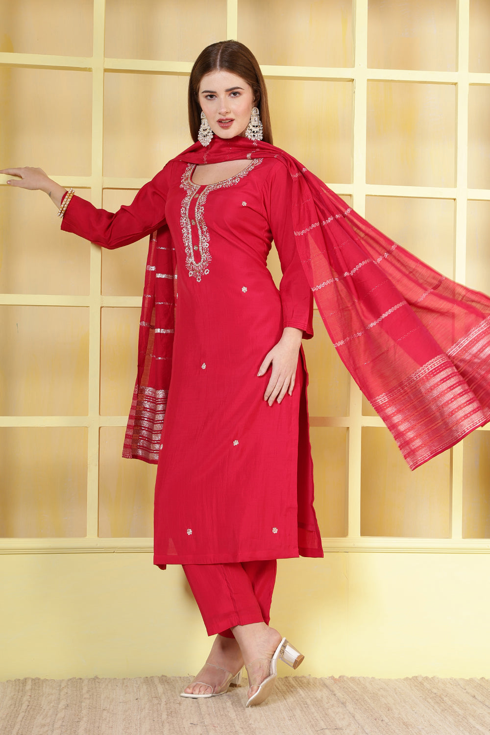 Magenta Silk Cut-Dana And Pearl Embroidered Suits