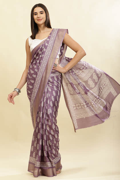 Mauve Color Cotton Silk Boota Printed And Zari Woven Saree