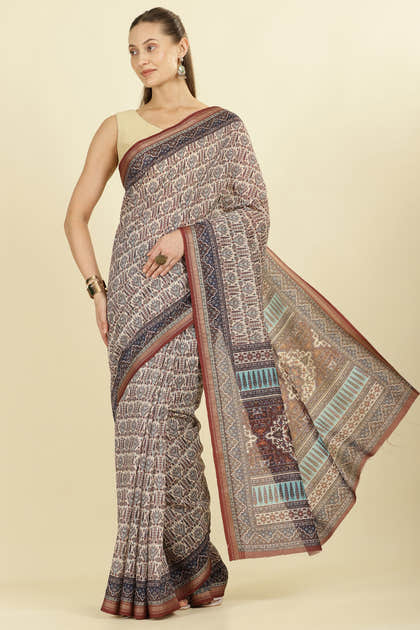 Brown Ajrakh Block Printed Cotton Saree