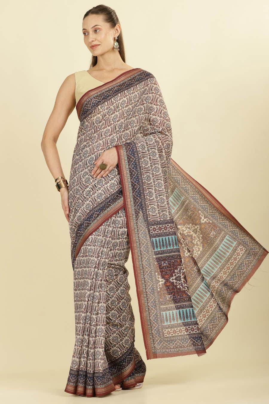 Brown Ajrakh Block Printed Cotton Saree