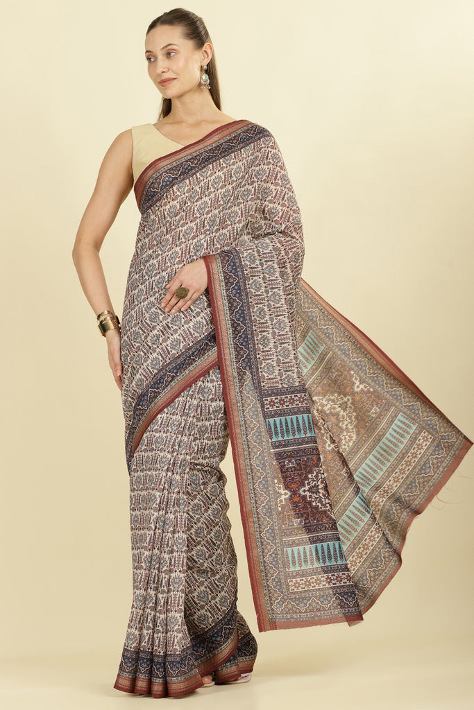 Brown Ajrakh Block Printed Cotton Saree