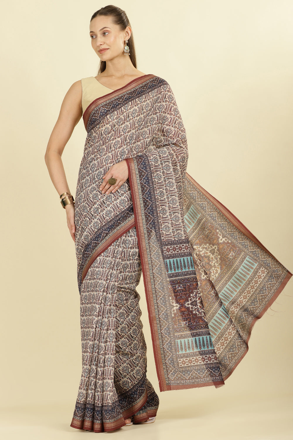 Brown Ajrakh Block Printed Cotton Saree