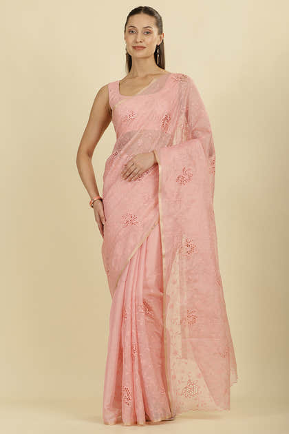 Pink Floral Resham Embroidered Cotton Saree