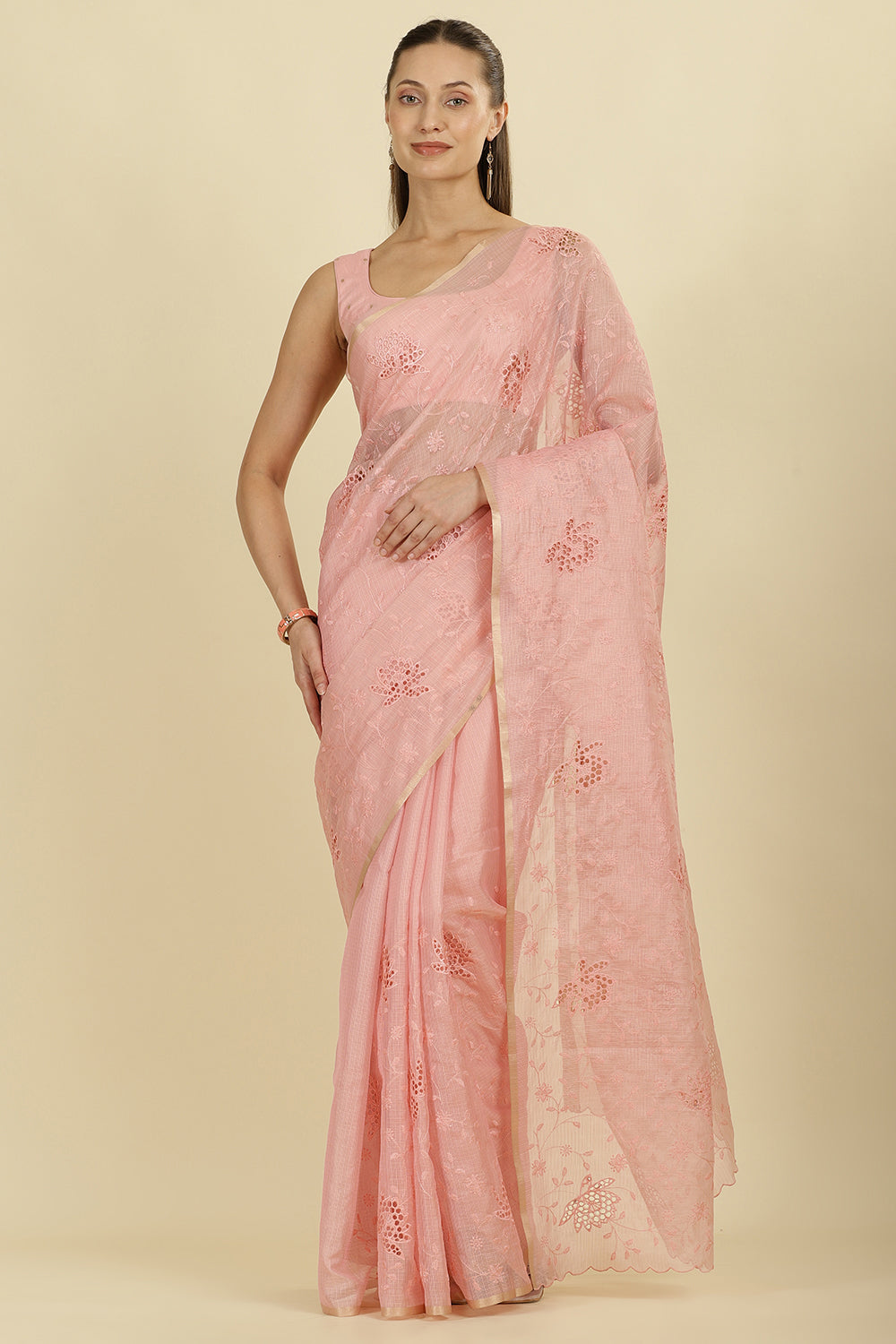Pink Floral Resham Embroidered Cotton Saree