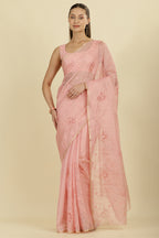 Pink Floral Resham Embroidered Cotton Saree