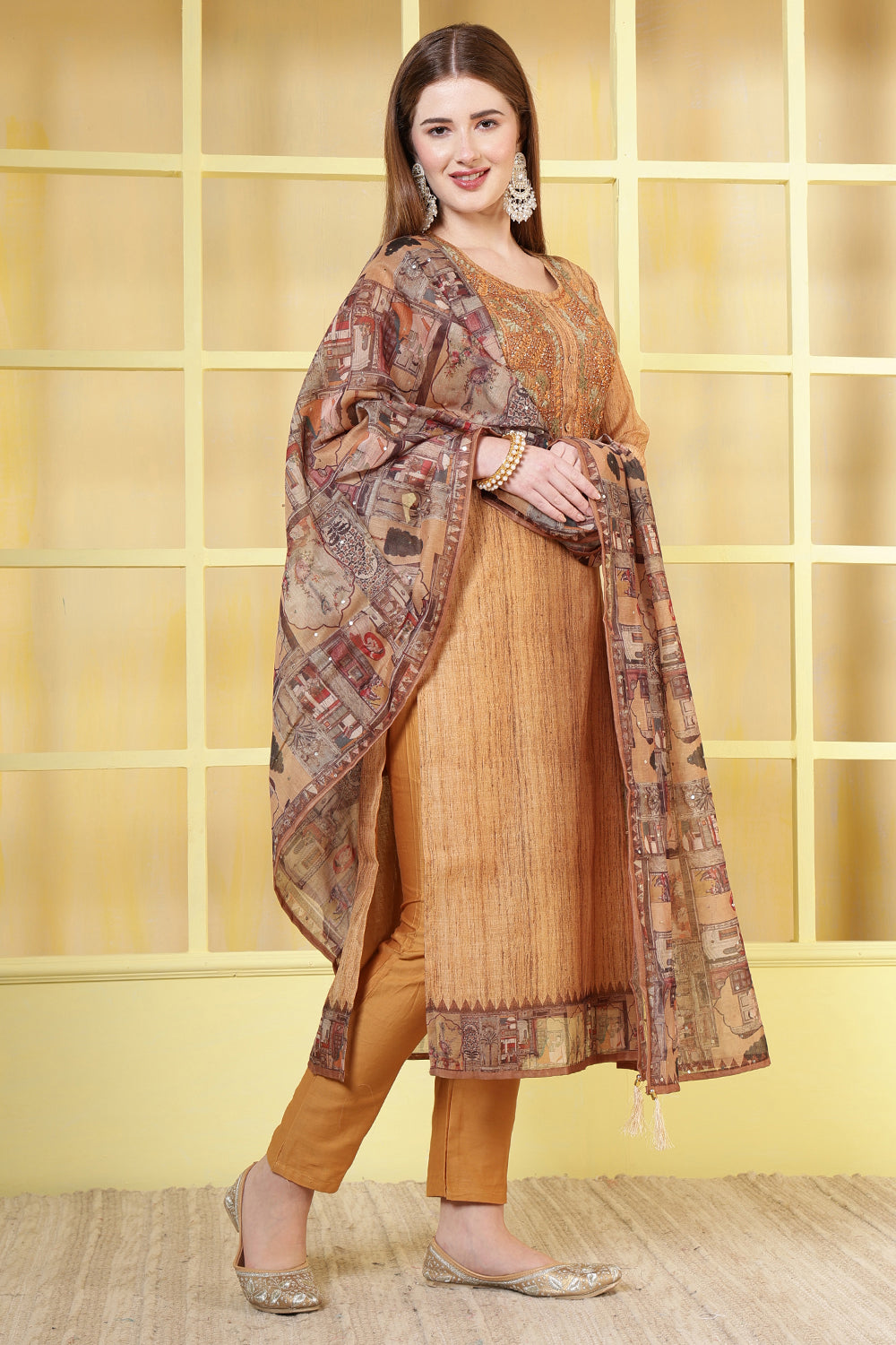 Brown Chanderi Neck-Embroidered Straight Suit