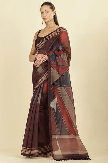 Wine Organza Cotton Printed Saree