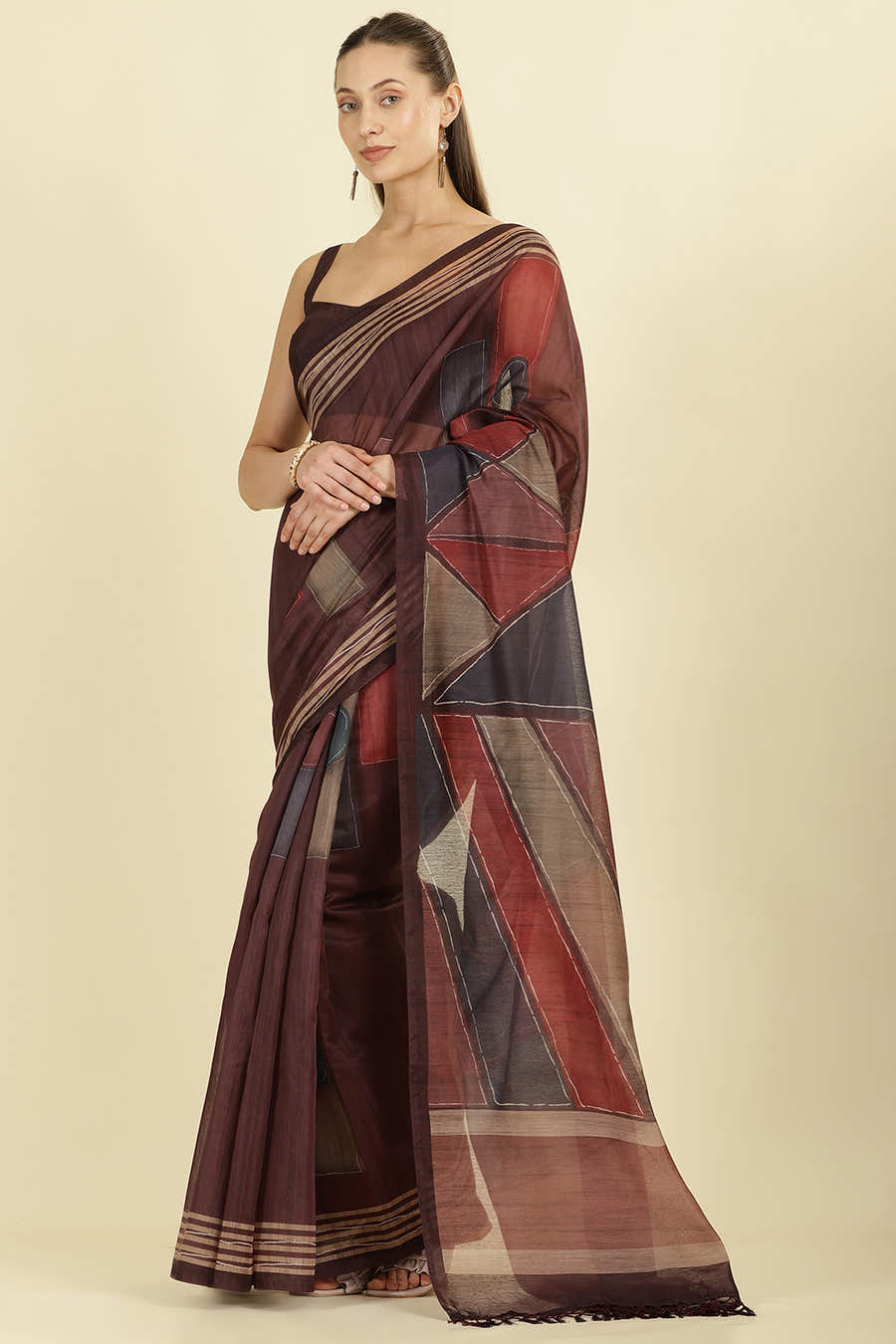 Wine Organza Cotton Printed Saree