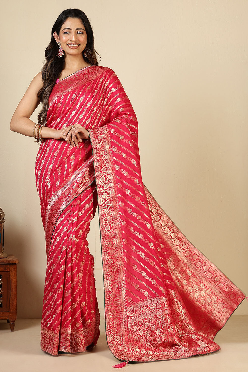 Rani Color Banarasi Woven Tussar Silk Saree
