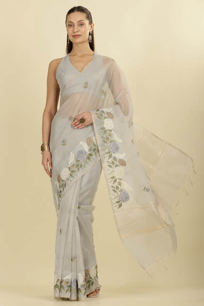 Grey Kota Cotton Floral Resham Embroidered And Zari Woven Saree
