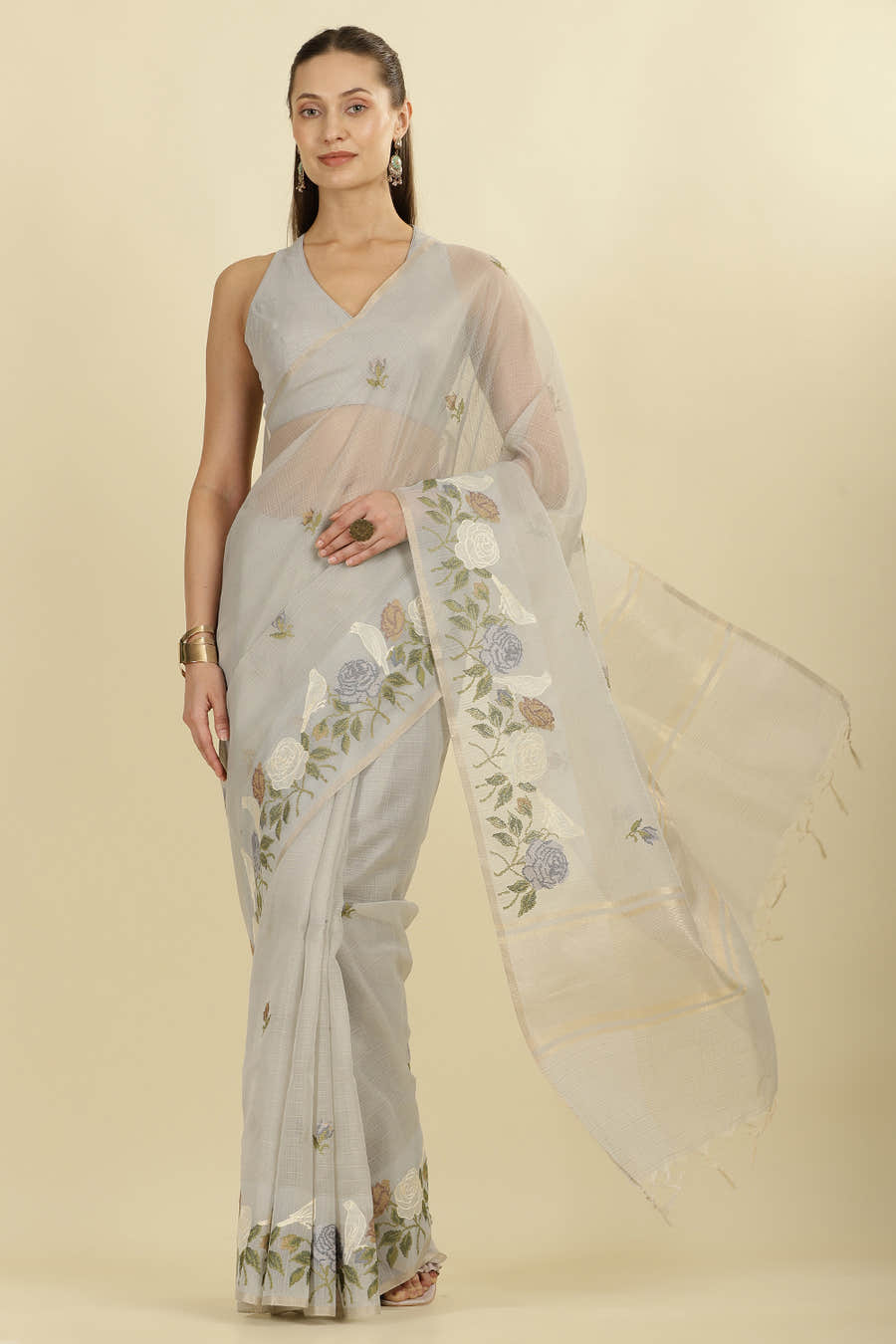 Grey Kota Cotton Floral Resham Embroidered And Zari Woven Saree