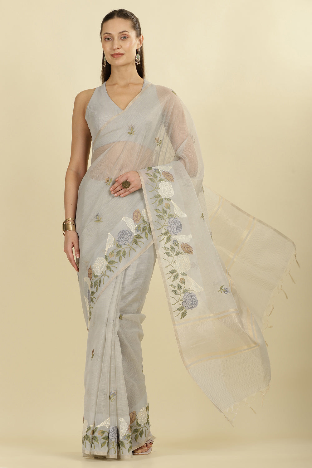 Grey Kota Cotton Floral Resham Embroidered And Zari Woven Saree