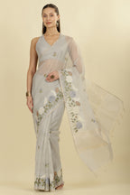 Grey Kota Cotton Floral Resham Embroidered And Zari Woven Saree