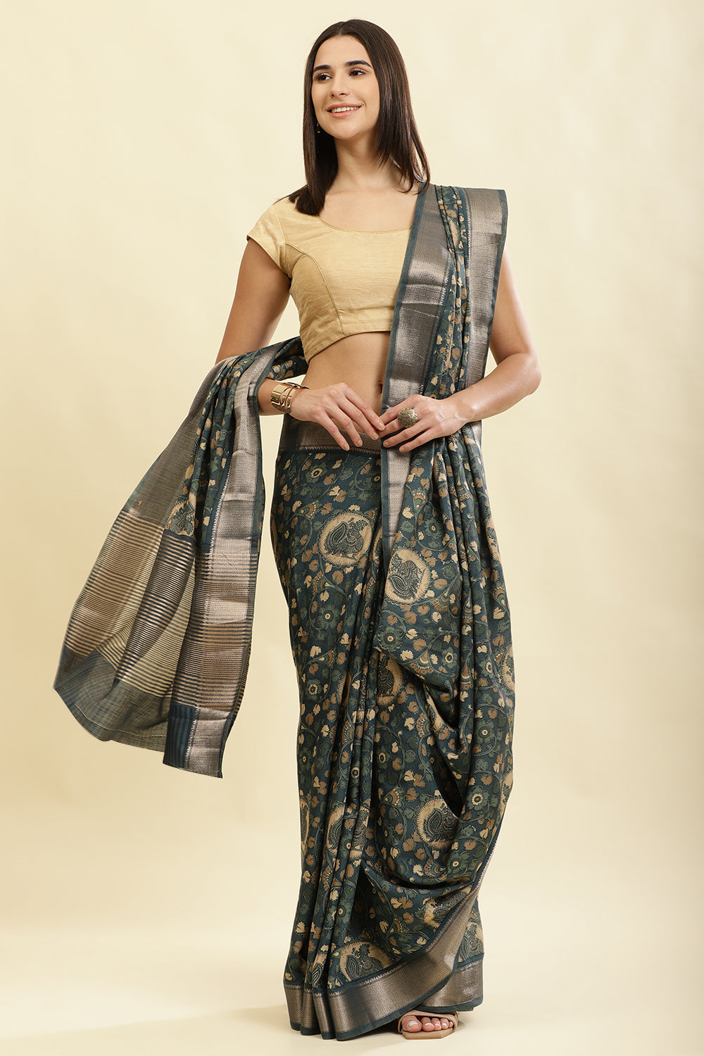 Blue Floral Printed & Zari Border Cotton Silk Saree
