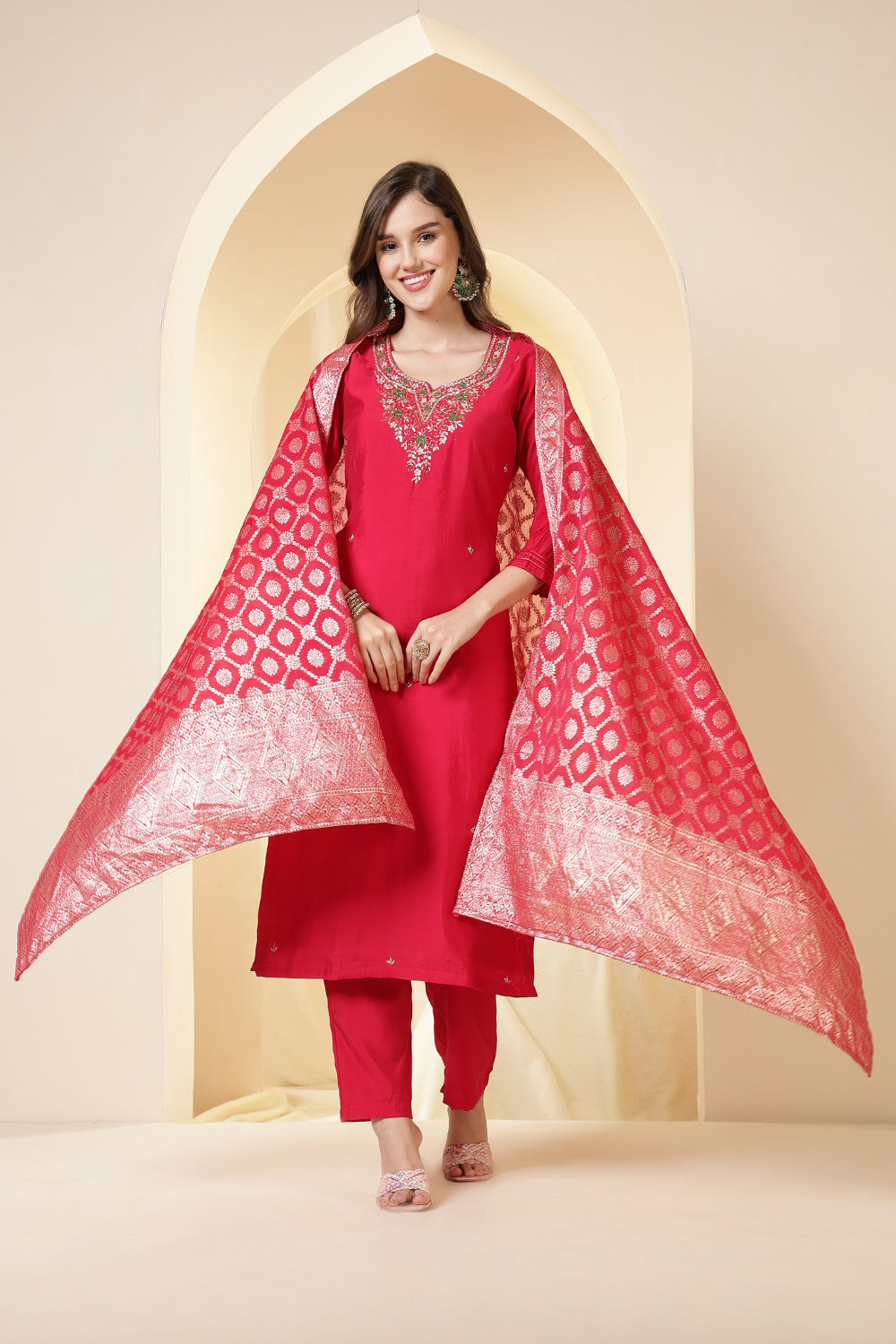 Fushia Pink Color Silk Neck Embroidered Suit Set