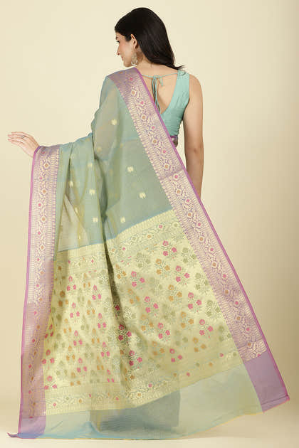 Sea Green Kota Cotton Zari Woven Saree