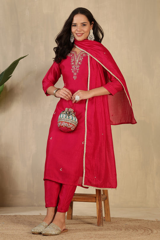 Cherry Red Crepe Silk Neck Embroidered Suit