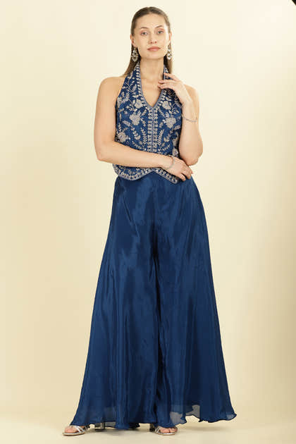Blue Crepe Silk Emboridered Crop-Top With Palazzo Indo-Western Co-ord Set