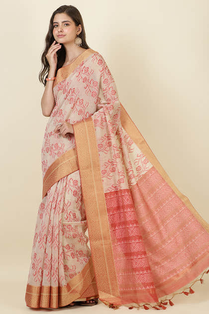 Beige Cotton Woven Saree