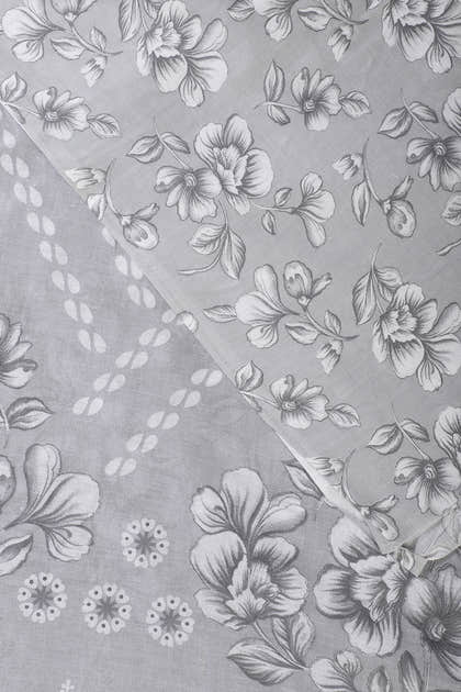 Grey Cotton Floral Printed And Resham Embroidered Unstitched Suit Material