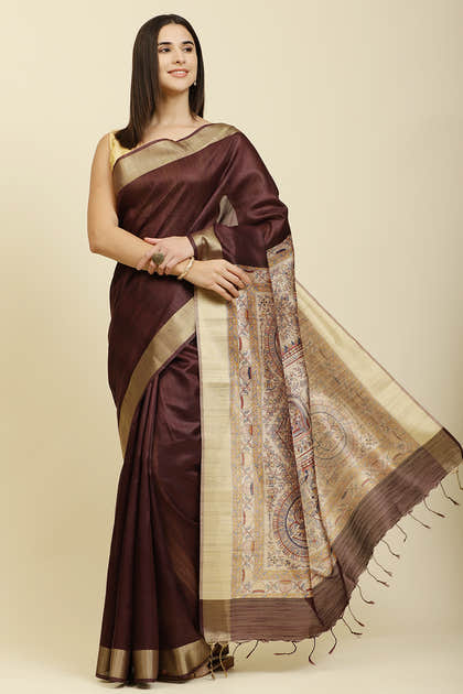 Wine Color Cotton Silk Madhubani Print Saree