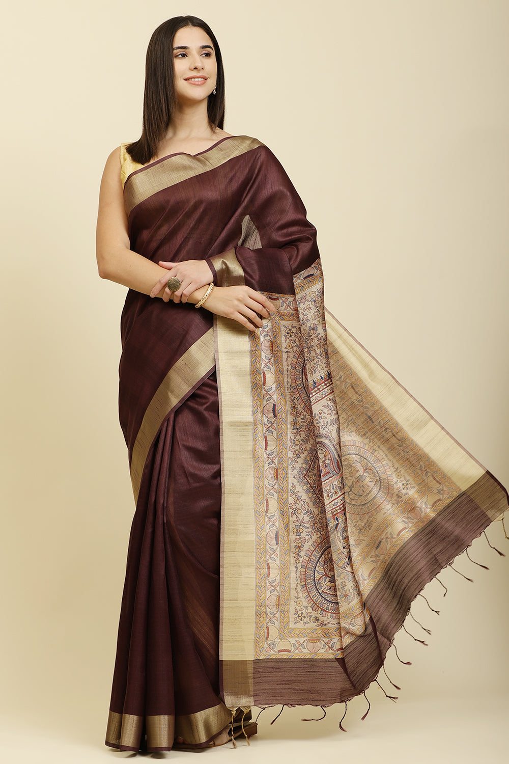 Wine Color Cotton Silk Madhubani Print Saree