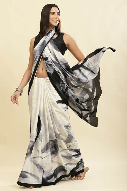 White Printed Crepe Silk Saree